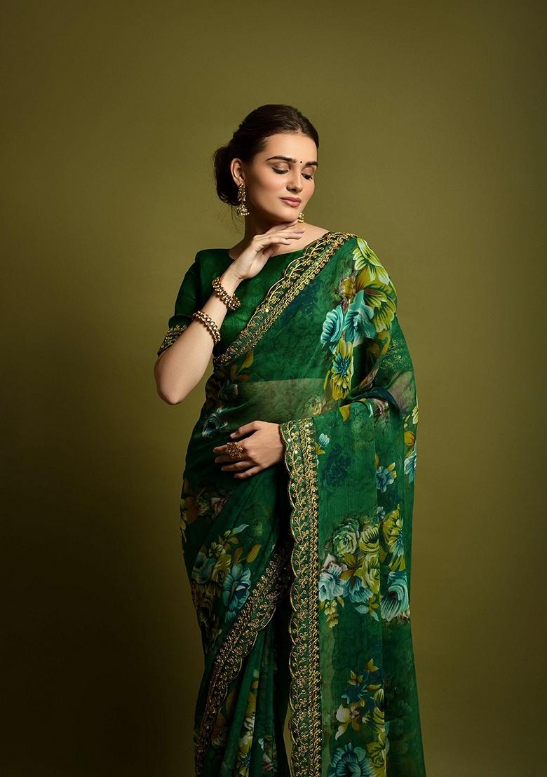 Green Sequin Embroidered Georgette Saree Set