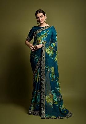 Morpeach Blue Sequin Embroidered Georgette Saree Set