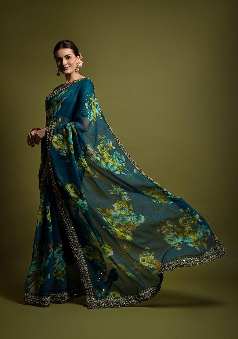 Morpeach Blue Sequin Embroidered Georgette Saree Set