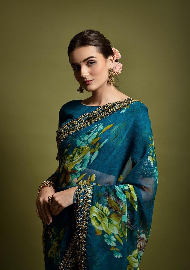 Morpeach Blue Sequin Embroidered Georgette Saree Set