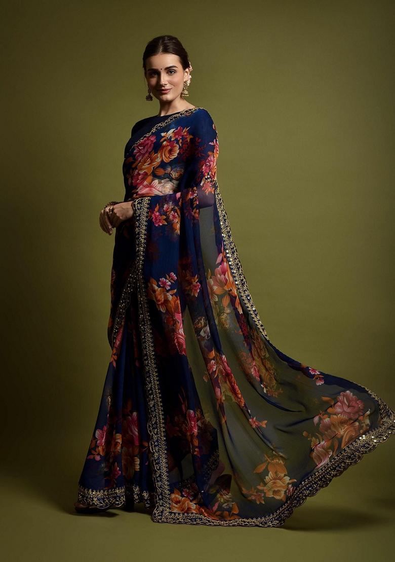 Navy Blue Sequin Embroidered Georgette Saree Set