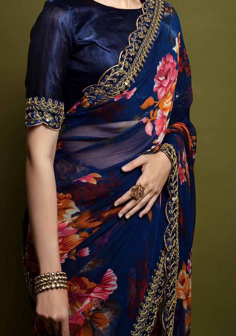 Navy Blue Sequin Embroidered Georgette Saree Set