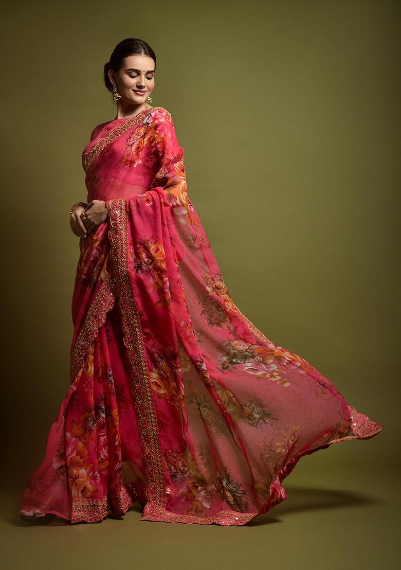 Pink Sequin Embroidered Georgette Saree Set