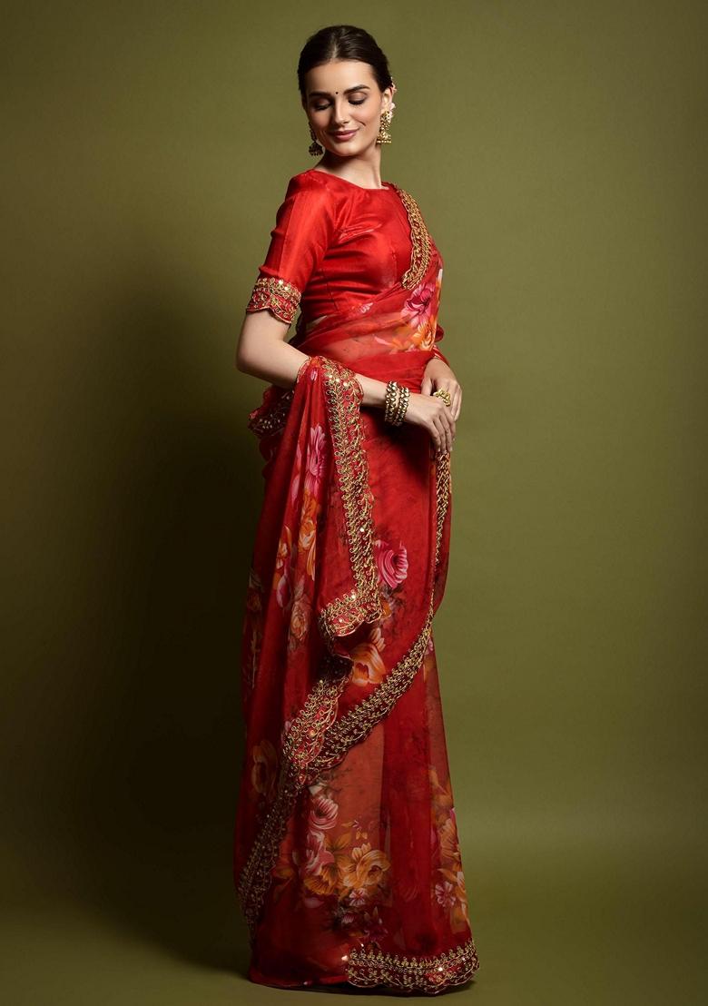 Red Sequin Embroidered Georgette Saree Set