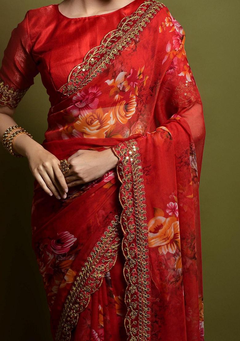 Red Sequin Embroidered Georgette Saree Set