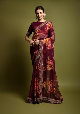 Maroon Sequin Embroidered Georgette Saree Set