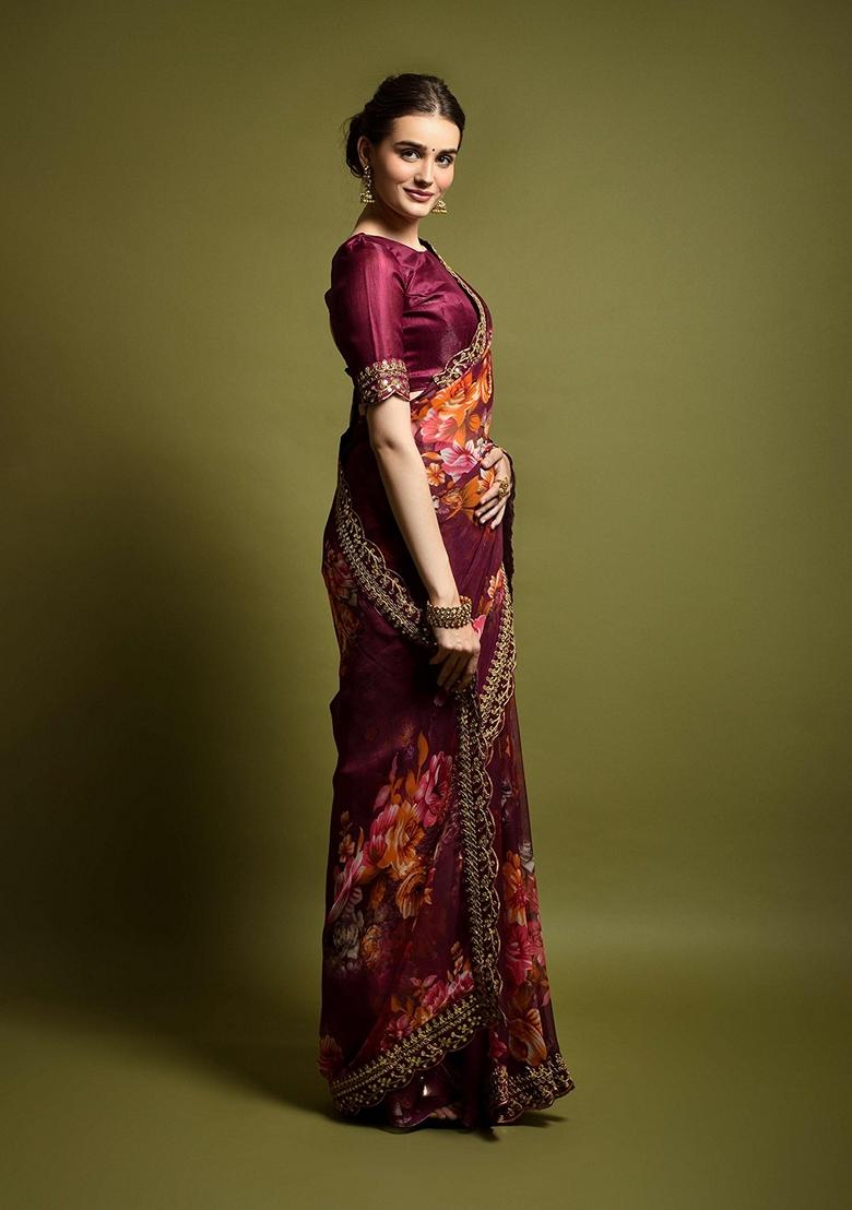 Maroon Sequin Embroidered Georgette Saree Set