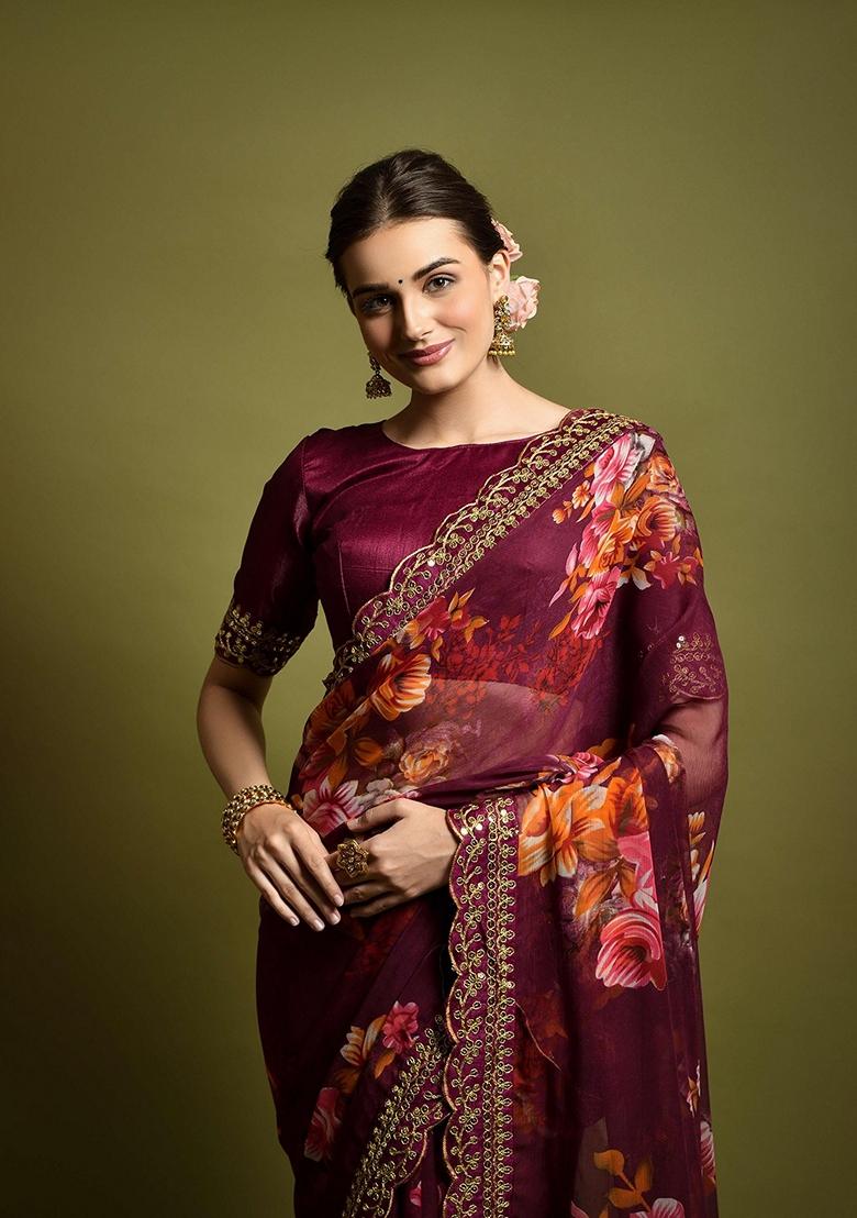 Maroon Sequin Embroidered Georgette Saree Set