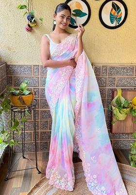 Baby Pink Sequin Embroidered Georgette Saree Set