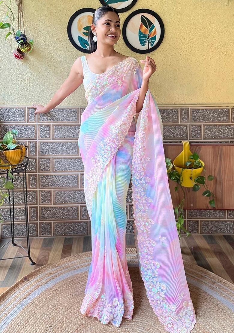 Baby Pink Sequin Embroidered Georgette Saree Set