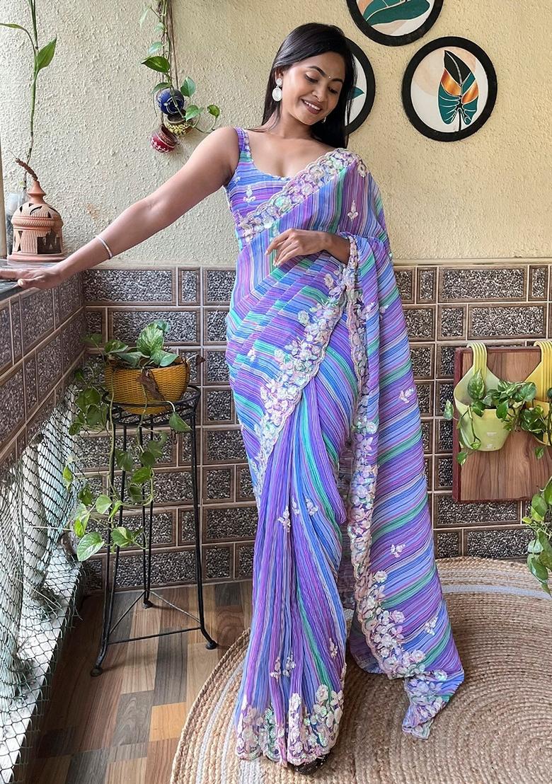 Purple Sequin Embroidered Georgette Saree Set