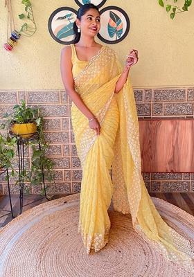 Yellow Embroidered Georgette Saree Set