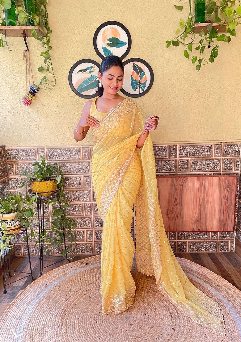 Yellow Embroidered Georgette Saree Set