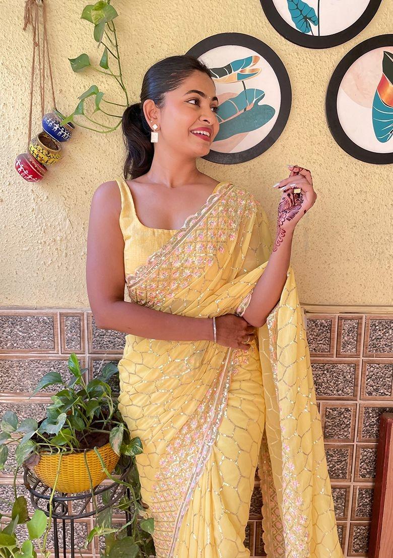 Yellow Embroidered Georgette Saree Set