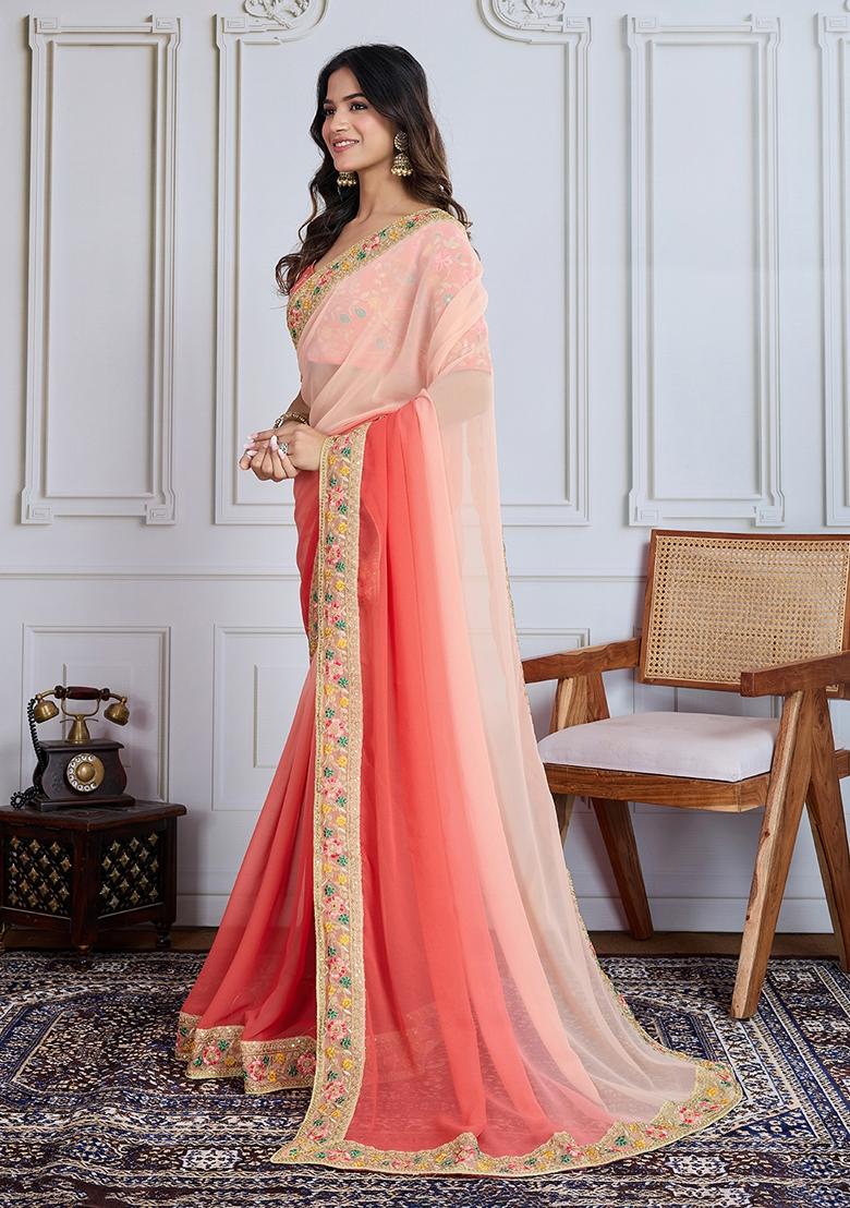 Peach Padding Colored Georgette Saree Set