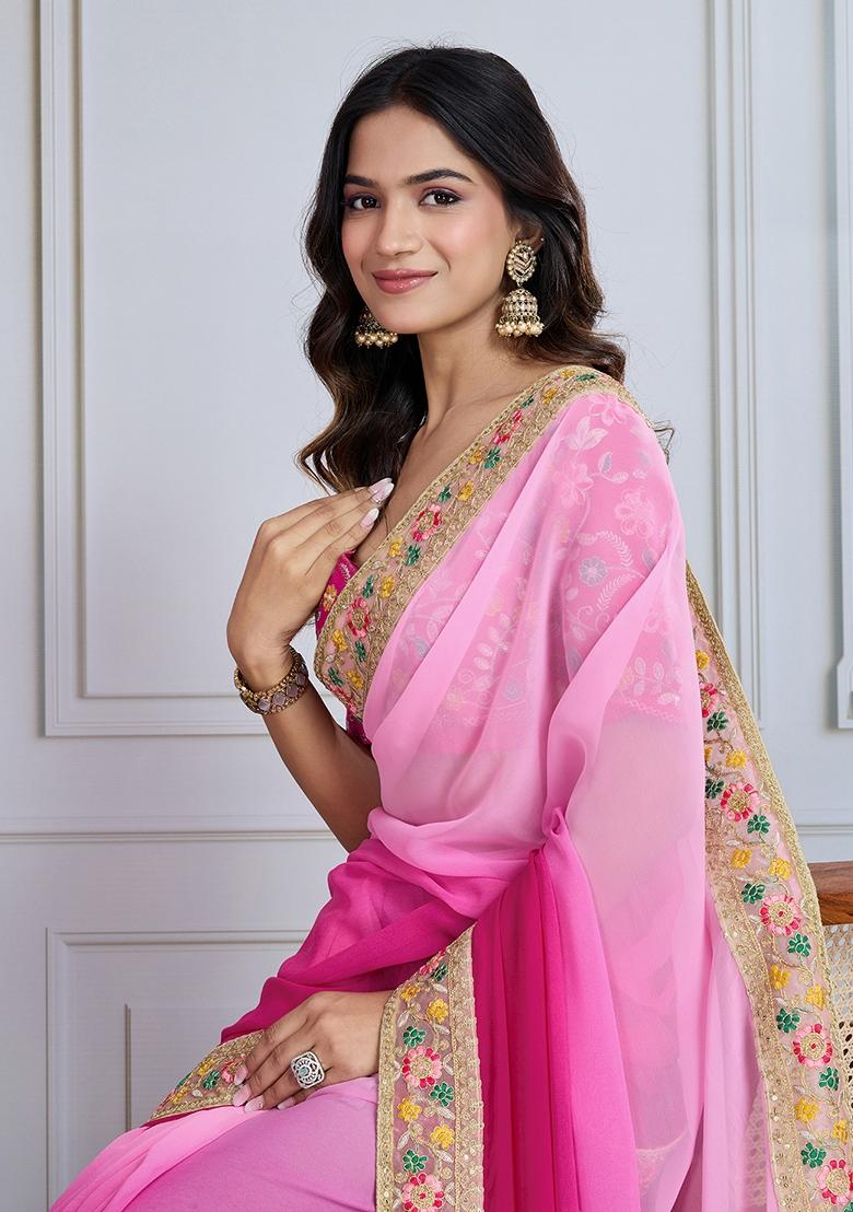 Rani Pink Padding Colored Georgette Saree Set