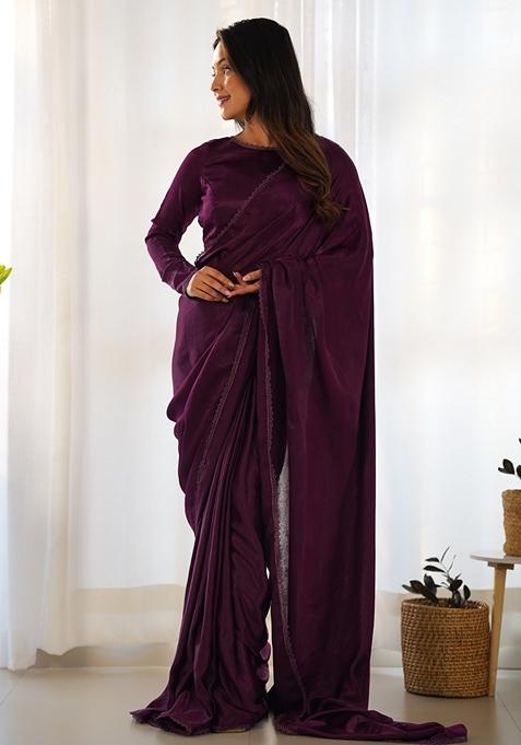 Maroon Embroidered Velvet Saree Set