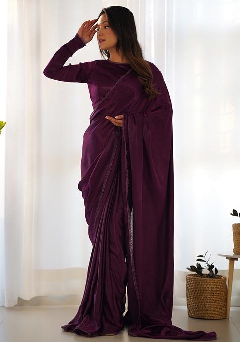 Maroon Embroidered Velvet Saree Set