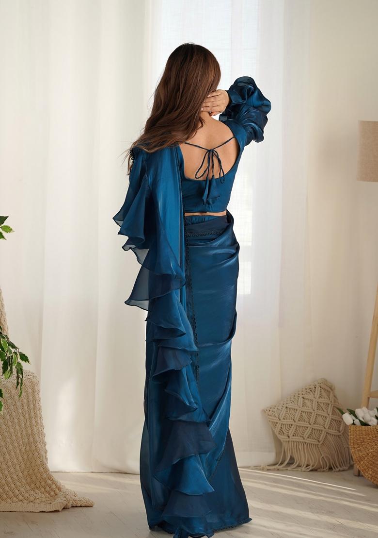 Teal Blue Embroidered Velvet Saree Set