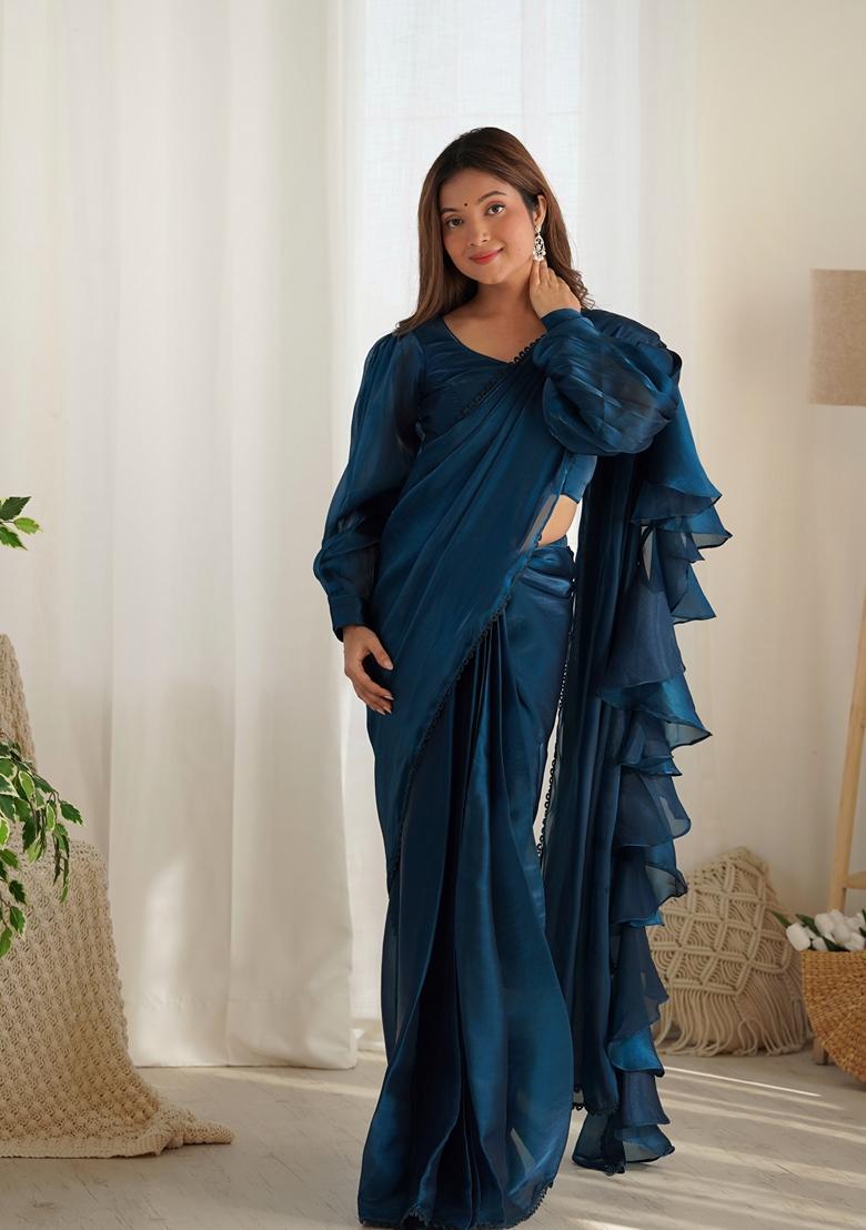 Teal Blue Embroidered Velvet Saree Set
