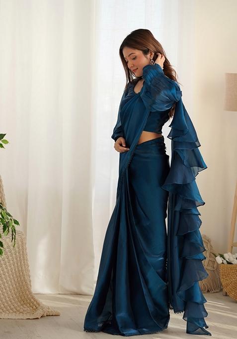Teal Blue Embroidered Velvet Saree Set