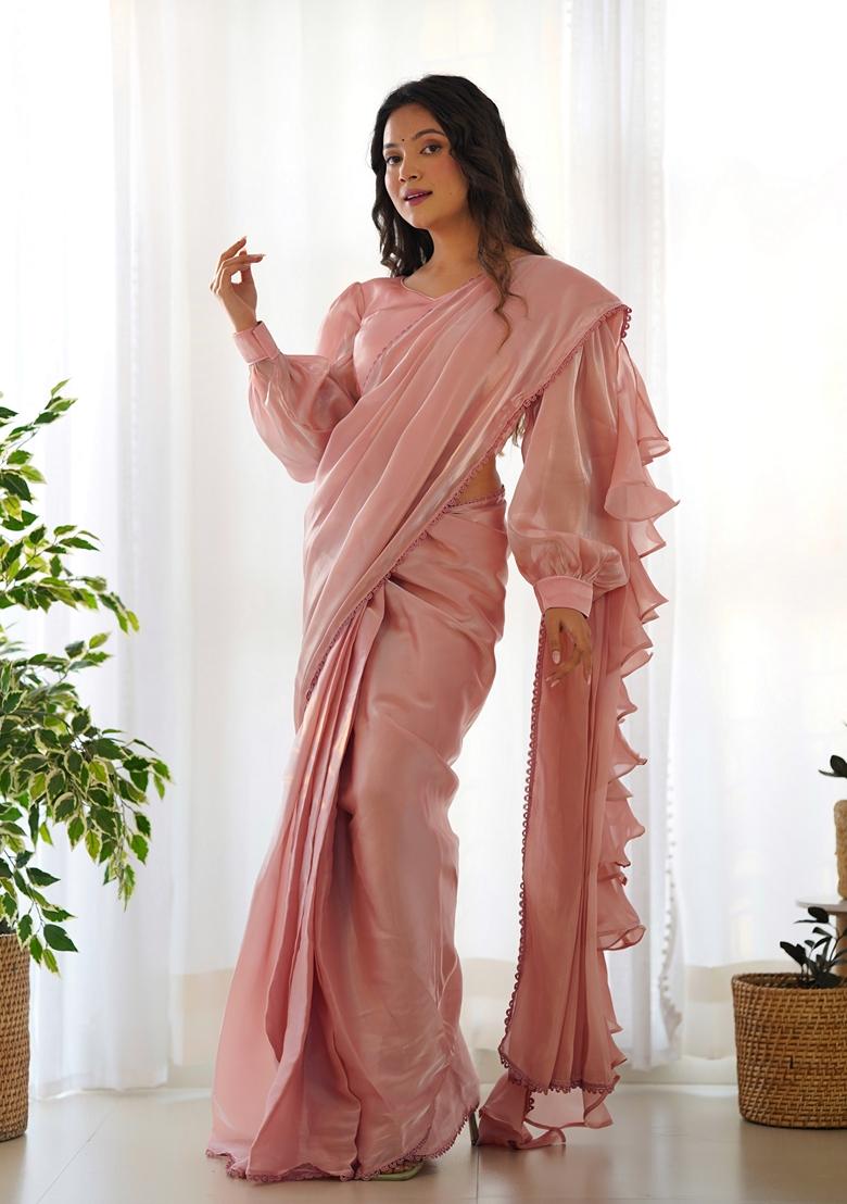 Pink Embroidered Velvet Saree Set
