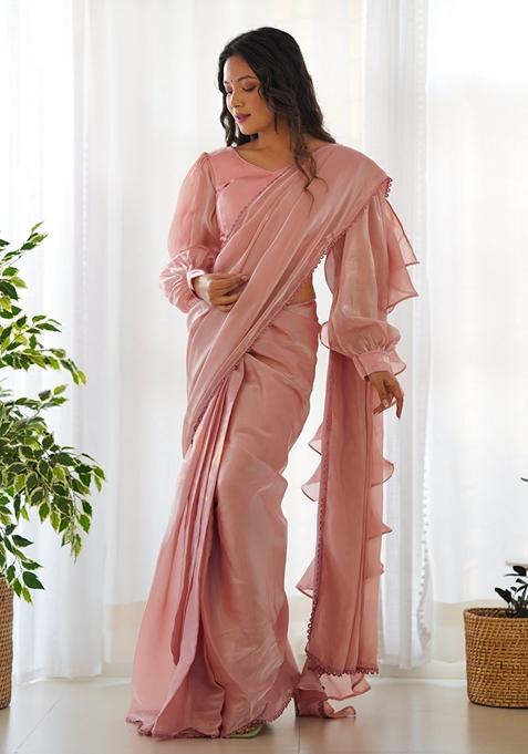 Pink Embroidered Velvet Saree Set