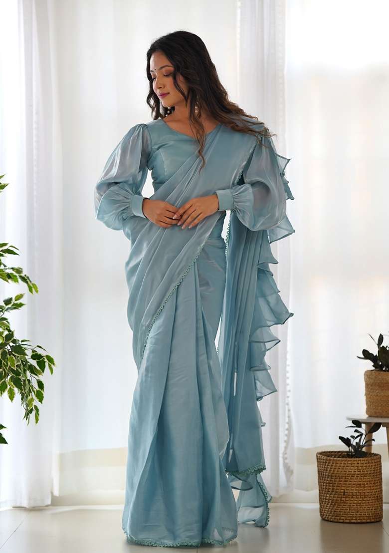 Sky Blue Embroidered Velvet Saree Set - Indya