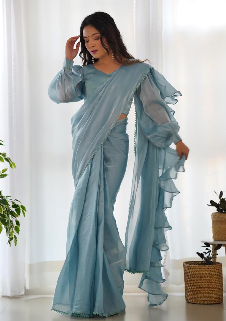 Sky Blue Embroidered Velvet Saree Set