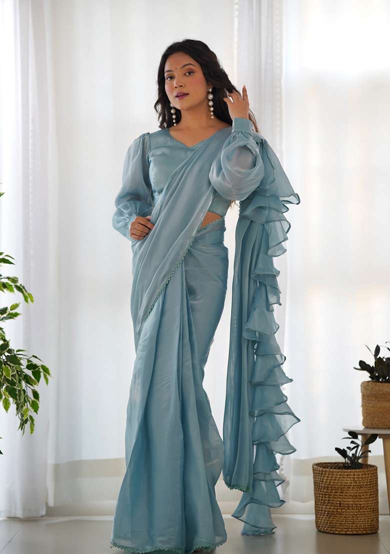 Sky Blue Embroidered Velvet Saree Set - Indya
