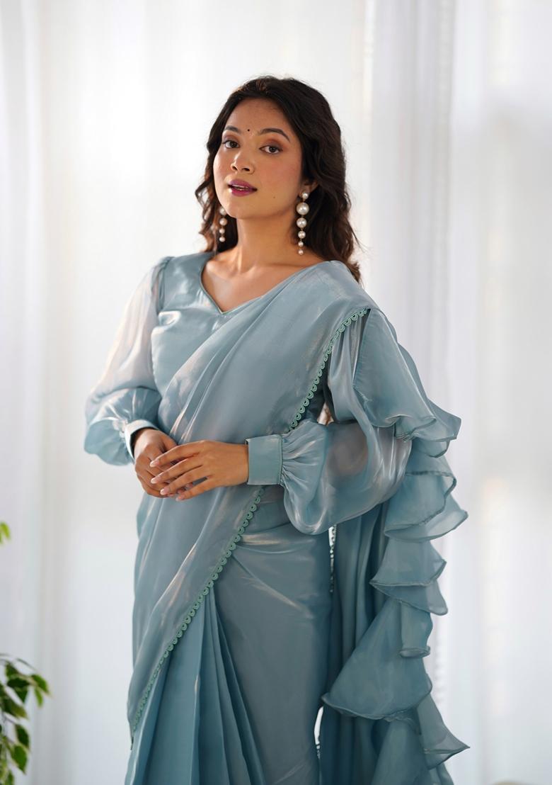 Sky Blue Embroidered Velvet Saree Set