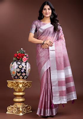 Purple Printed Organza Saree  Set