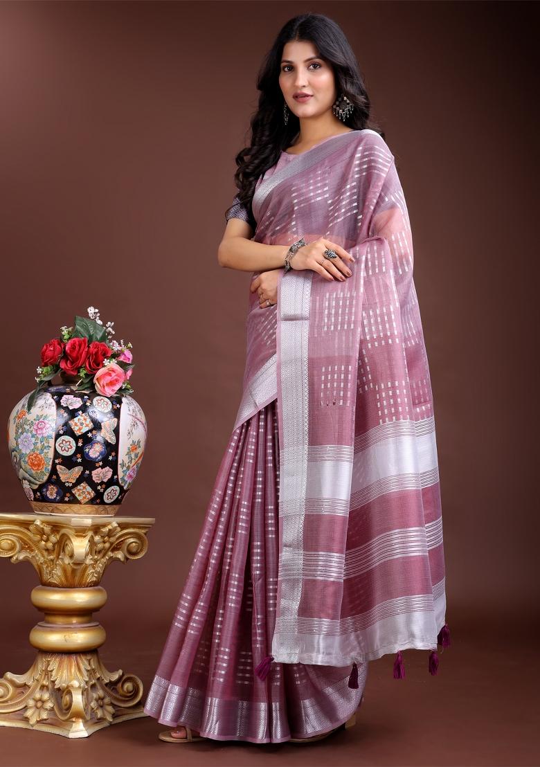 Purple Printed Organza Saree  Set