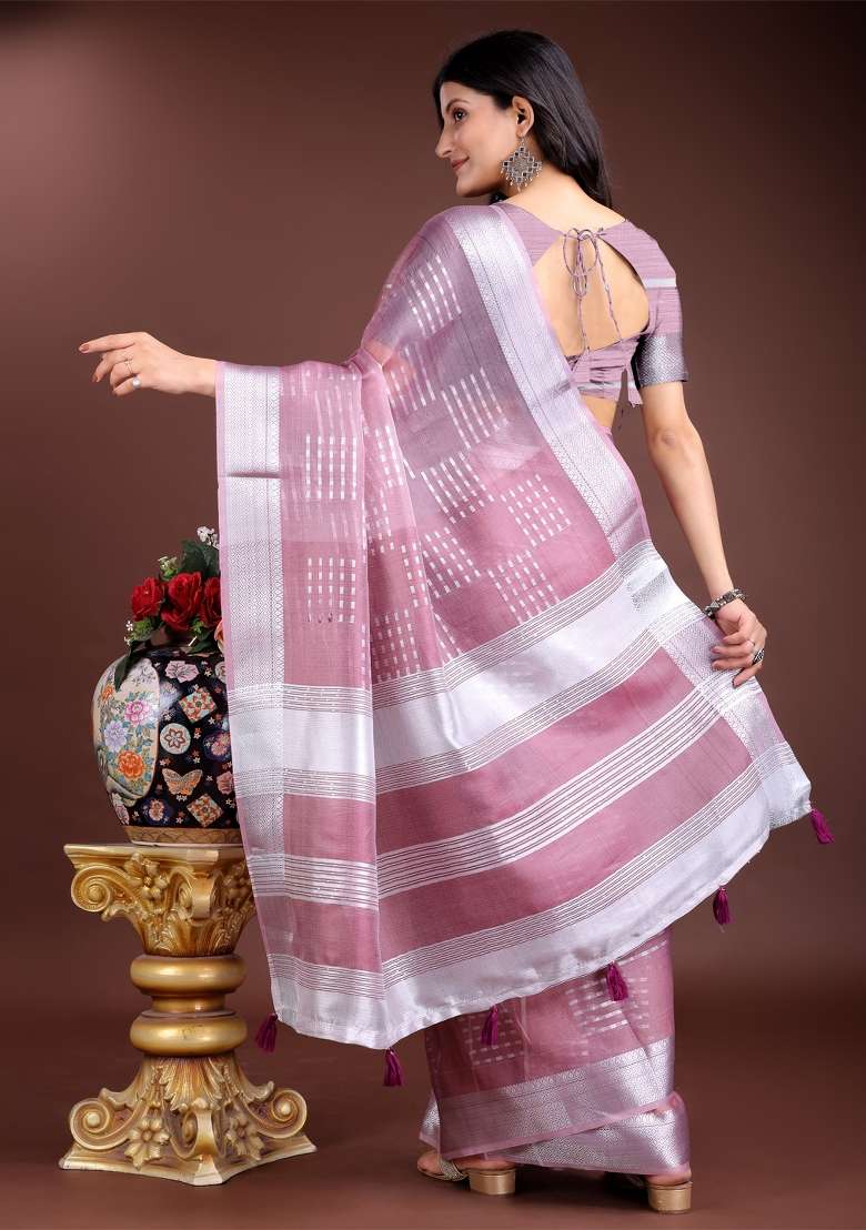 Purple Printed Organza Saree  Set - Indya
