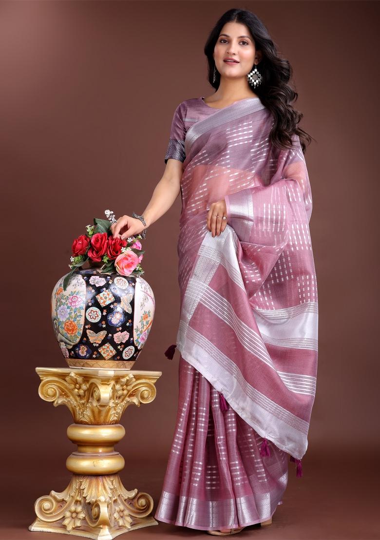 Purple Printed Organza Saree  Set