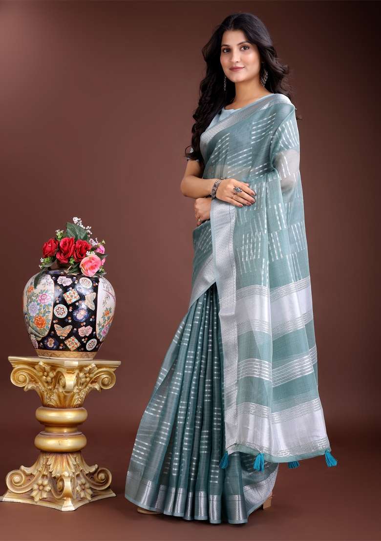 Sea Green Printed Organza Saree  Set - Indya