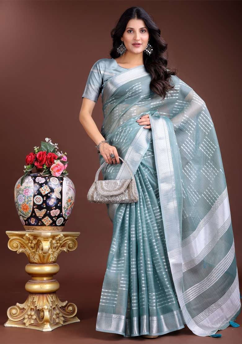Sea Green Printed Organza Saree  Set - Indya