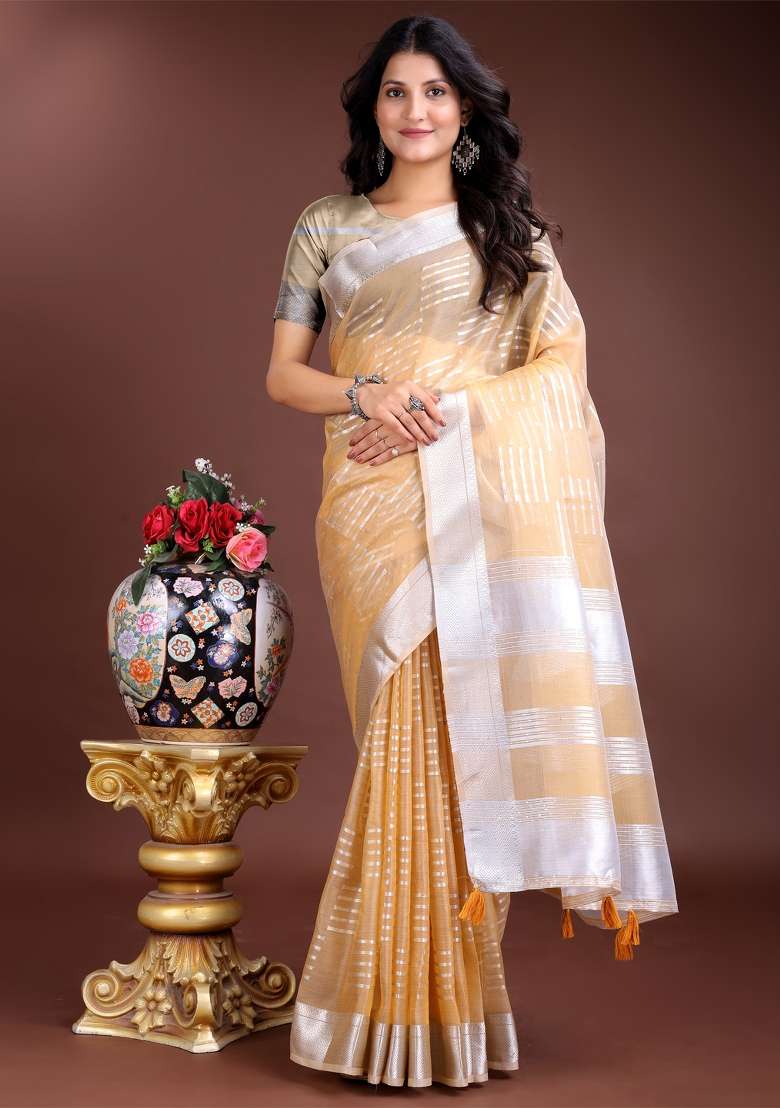 Yellow Printed Organza Saree  Set - Indya