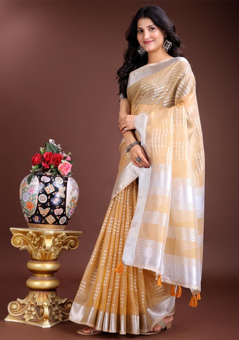 Yellow Printed Organza Saree  Set