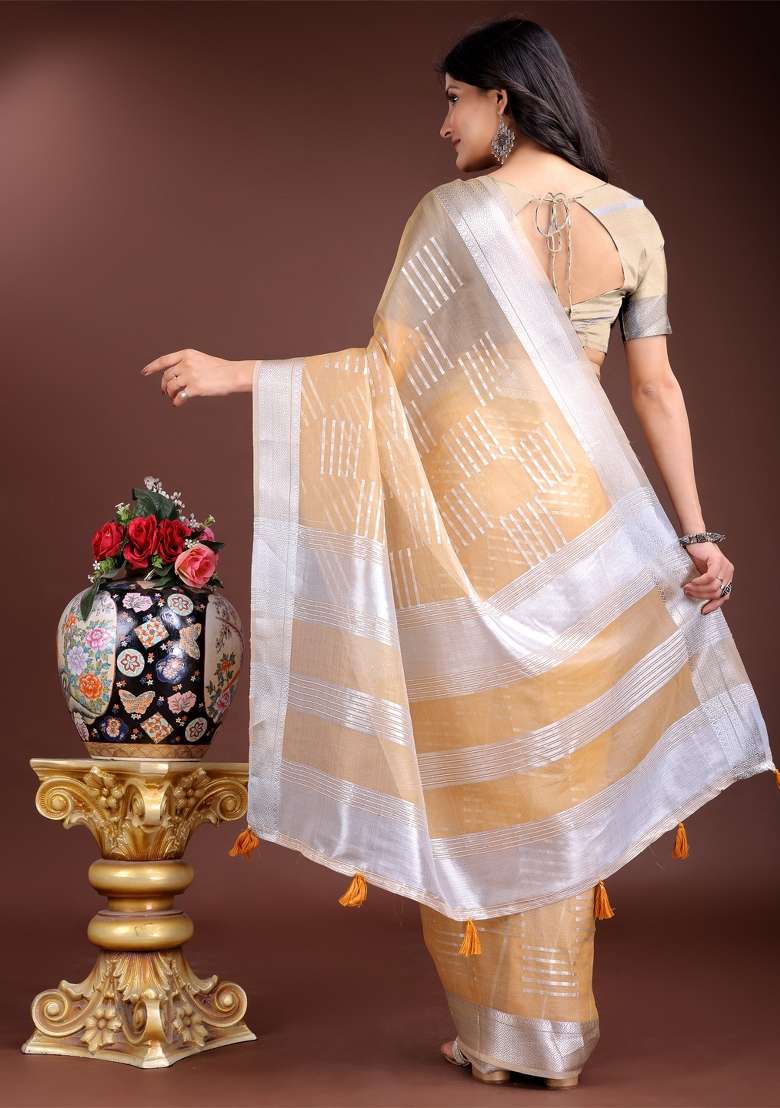 Yellow Printed Organza Saree  Set - Indya