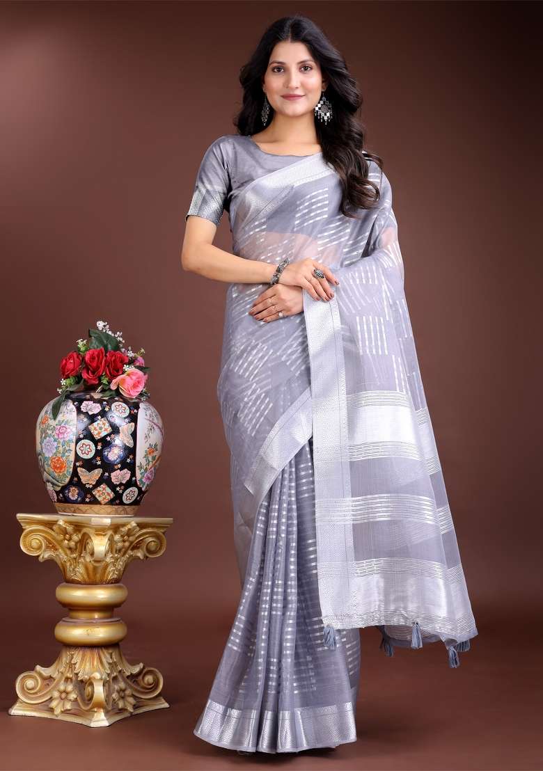 Grey Printed Organza Saree  Set - Indya