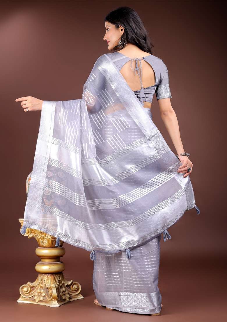 Grey Printed Organza Saree  Set - Indya