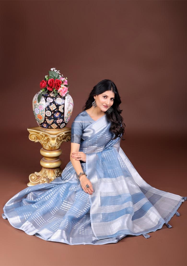 Sky Blue Printed Organza Saree  Set
