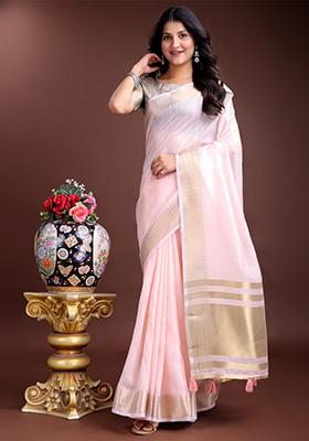 Light Pink Zari Weaving Cotton Saree  Set