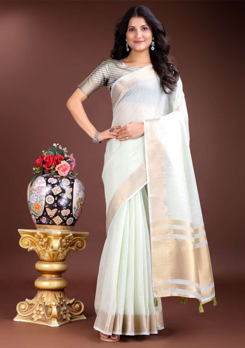Light Green Zari Weaving Cotton Saree  Set - Indya