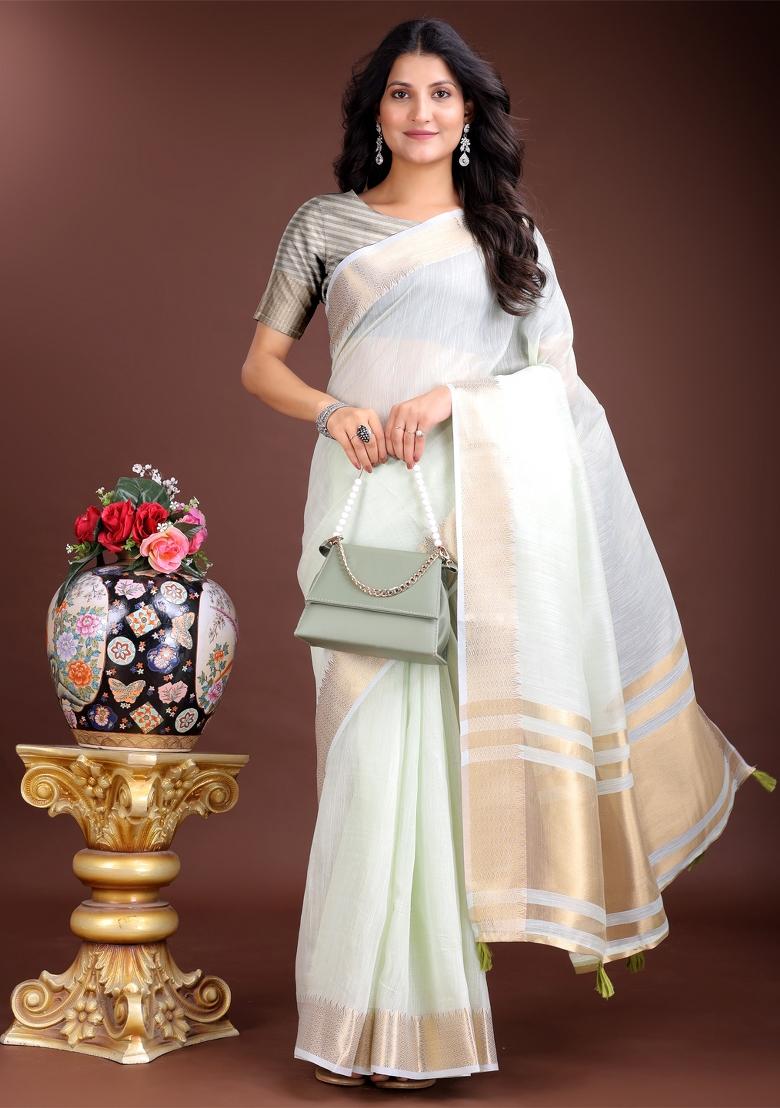 Light Green Zari Weaving Cotton Saree  Set