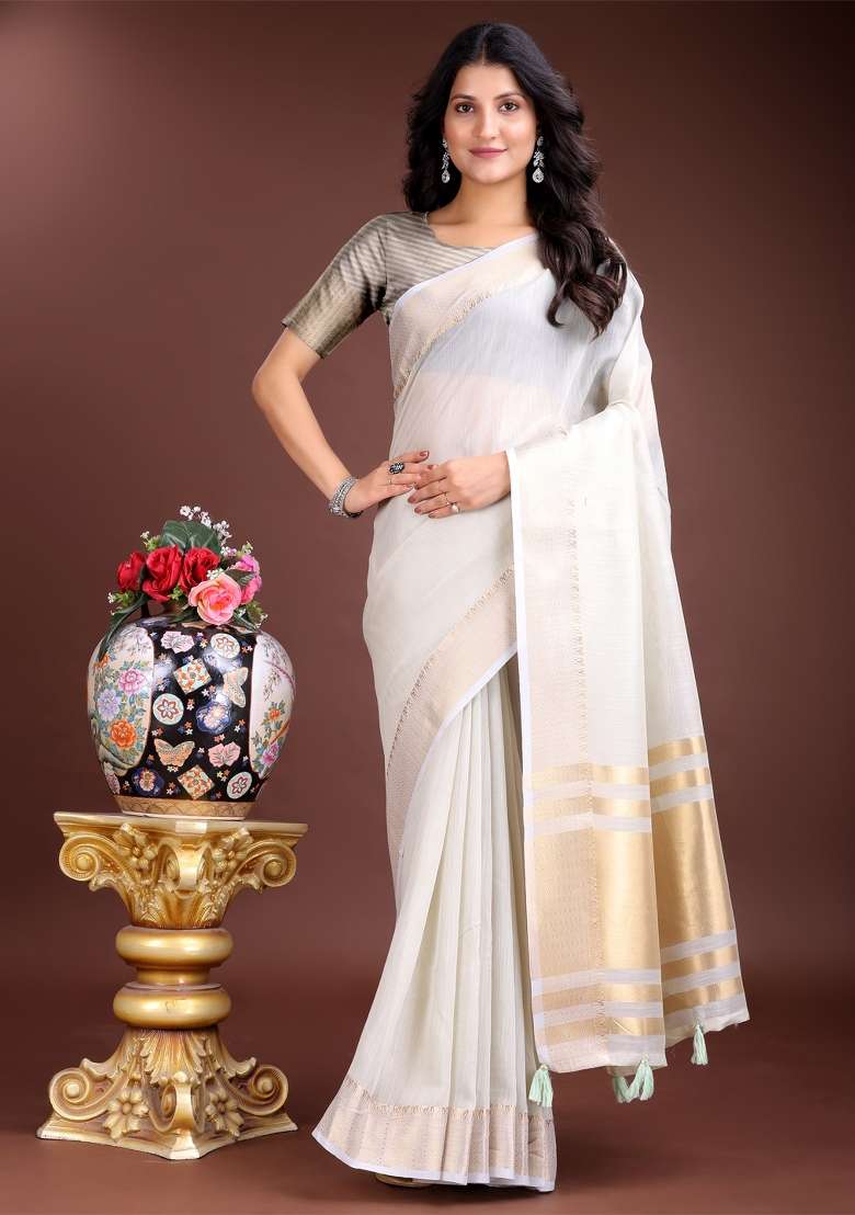 Grey Zari Weaving Cotton Saree  Set - Indya