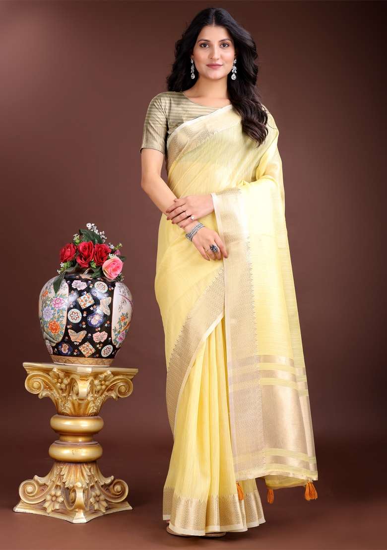 Yellow Zari Weaving Cotton Saree  Set - Indya