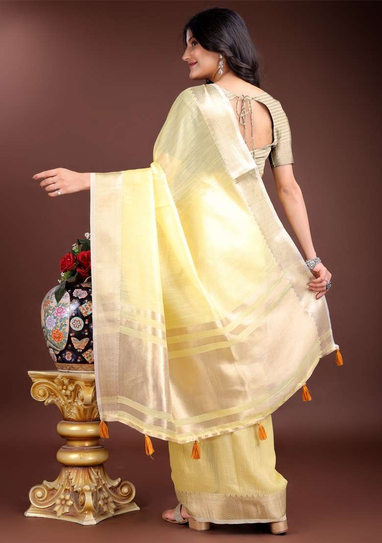 Yellow Zari Weaving Cotton Saree  Set - Indya