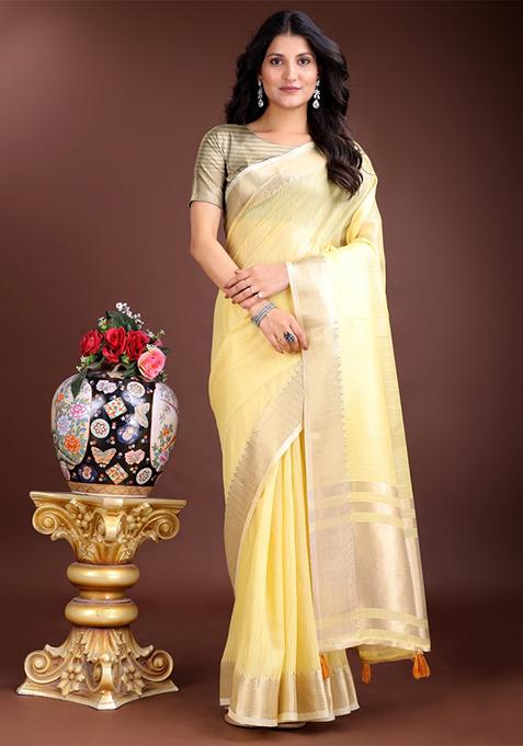 Yellow Zari Weaving Cotton Saree  Set